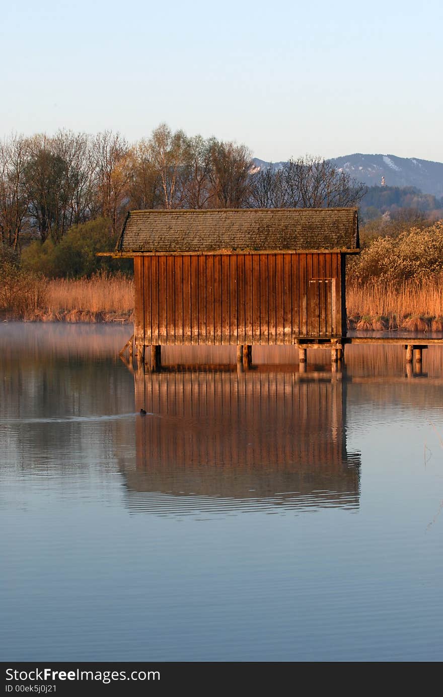 Chimsee stansalone boat garage at dawnbreak, spring , early morning