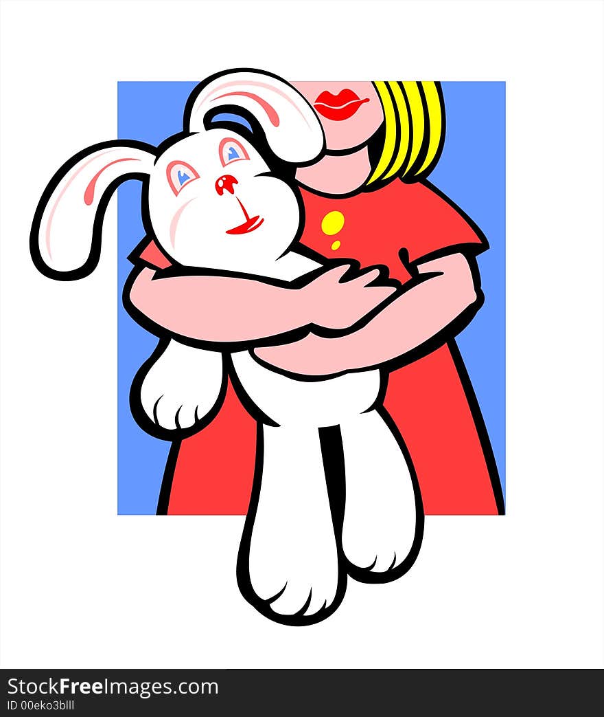 The girl in a red dress holds in hands of the white rabbit. The girl in a red dress holds in hands of the white rabbit.