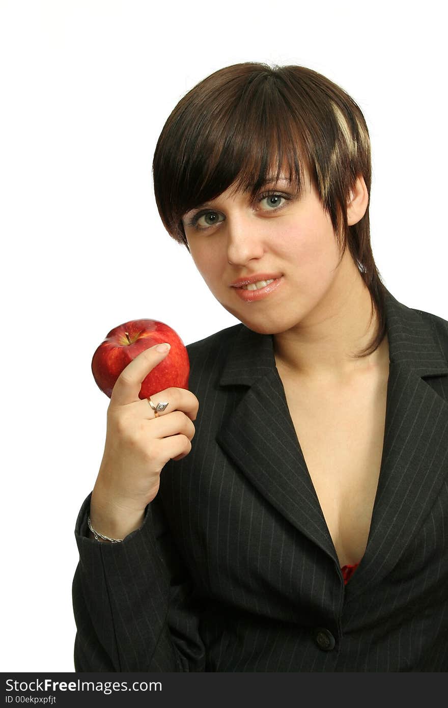 Friendly businesswoman with red apple, isolated on white. Friendly businesswoman with red apple, isolated on white