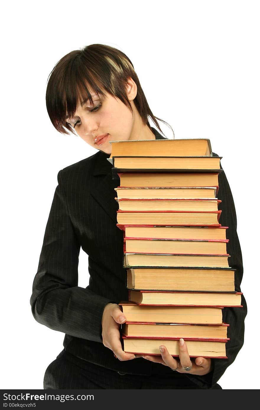 The young girl with books, isolated on white