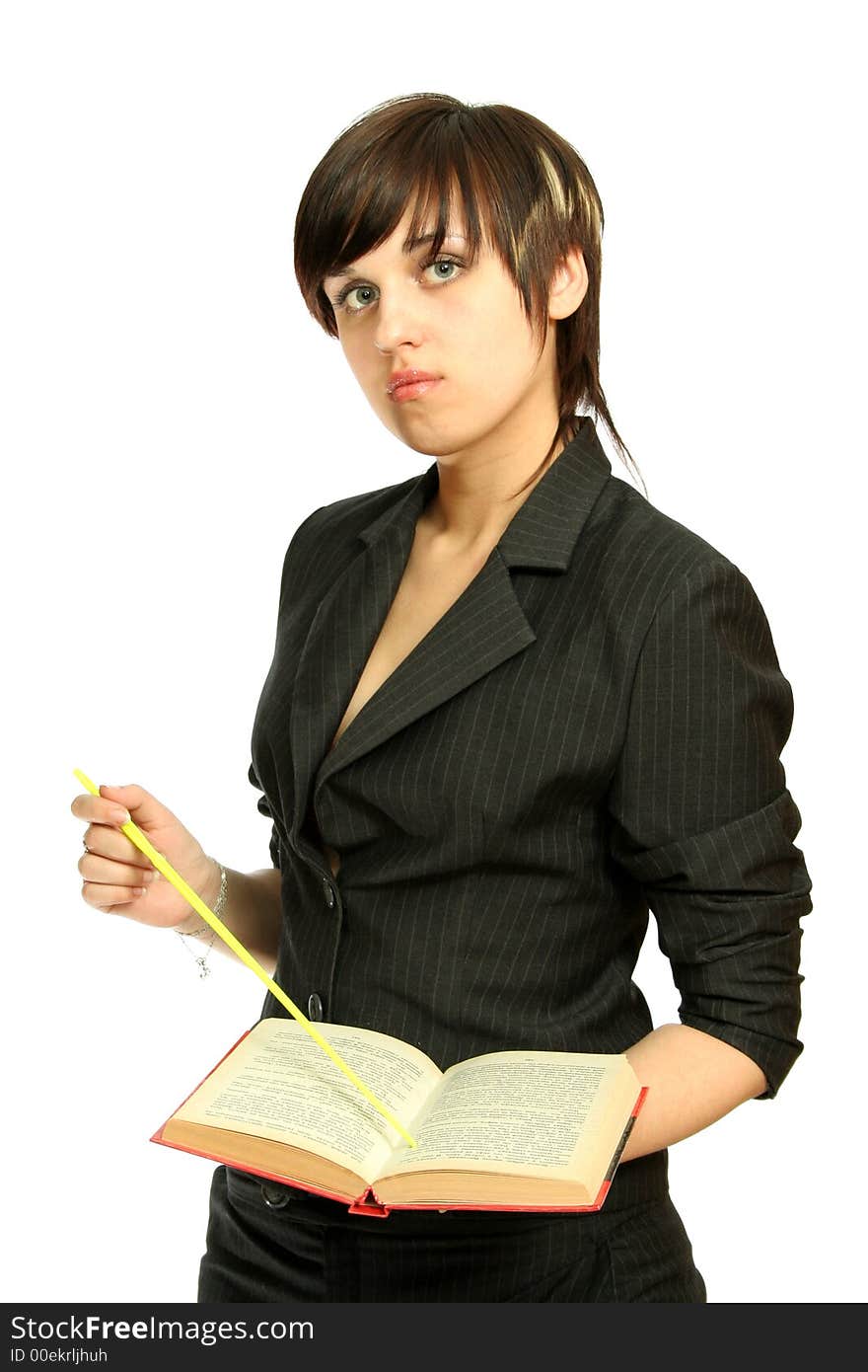 The young girl-teacher with the book, isolated on white. The young girl-teacher with the book, isolated on white