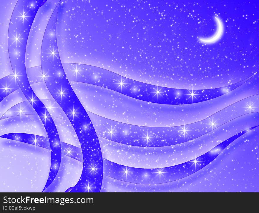 A blue background with shapes, moon and stars. A blue background with shapes, moon and stars