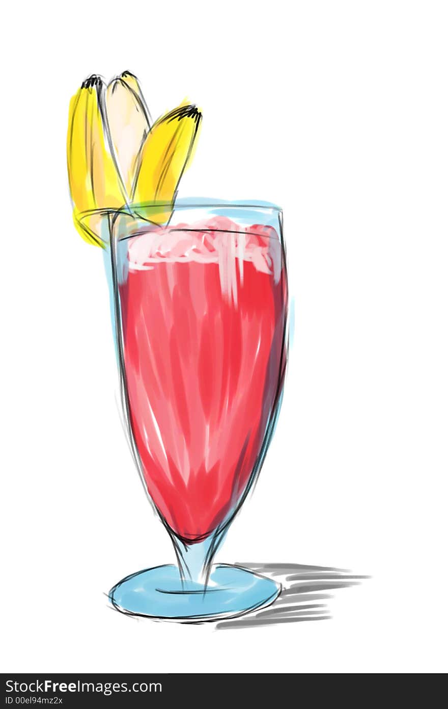 Illustration of strawberry cocktail with banana painted in water-color