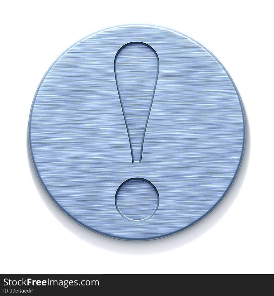 3D rendered azure metal plate with a badge of exclamation. Isolated element for design.