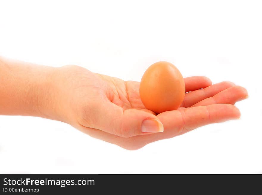 One egg in female hand isolated on white background. One egg in female hand isolated on white background