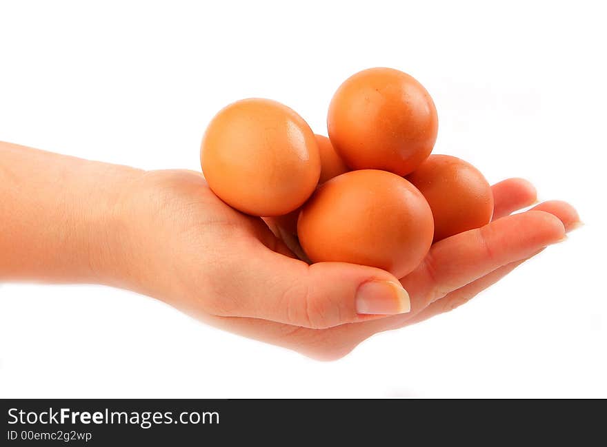 Group of eggs in female hand isolated on white background. Group of eggs in female hand isolated on white background