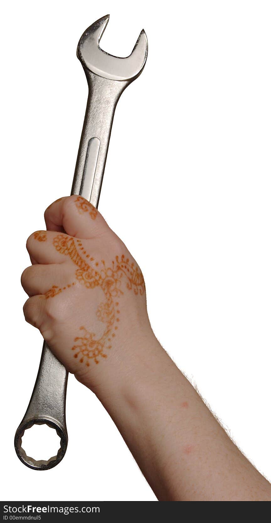 Woman's henna painted hand holding a large wrench. Woman's henna painted hand holding a large wrench