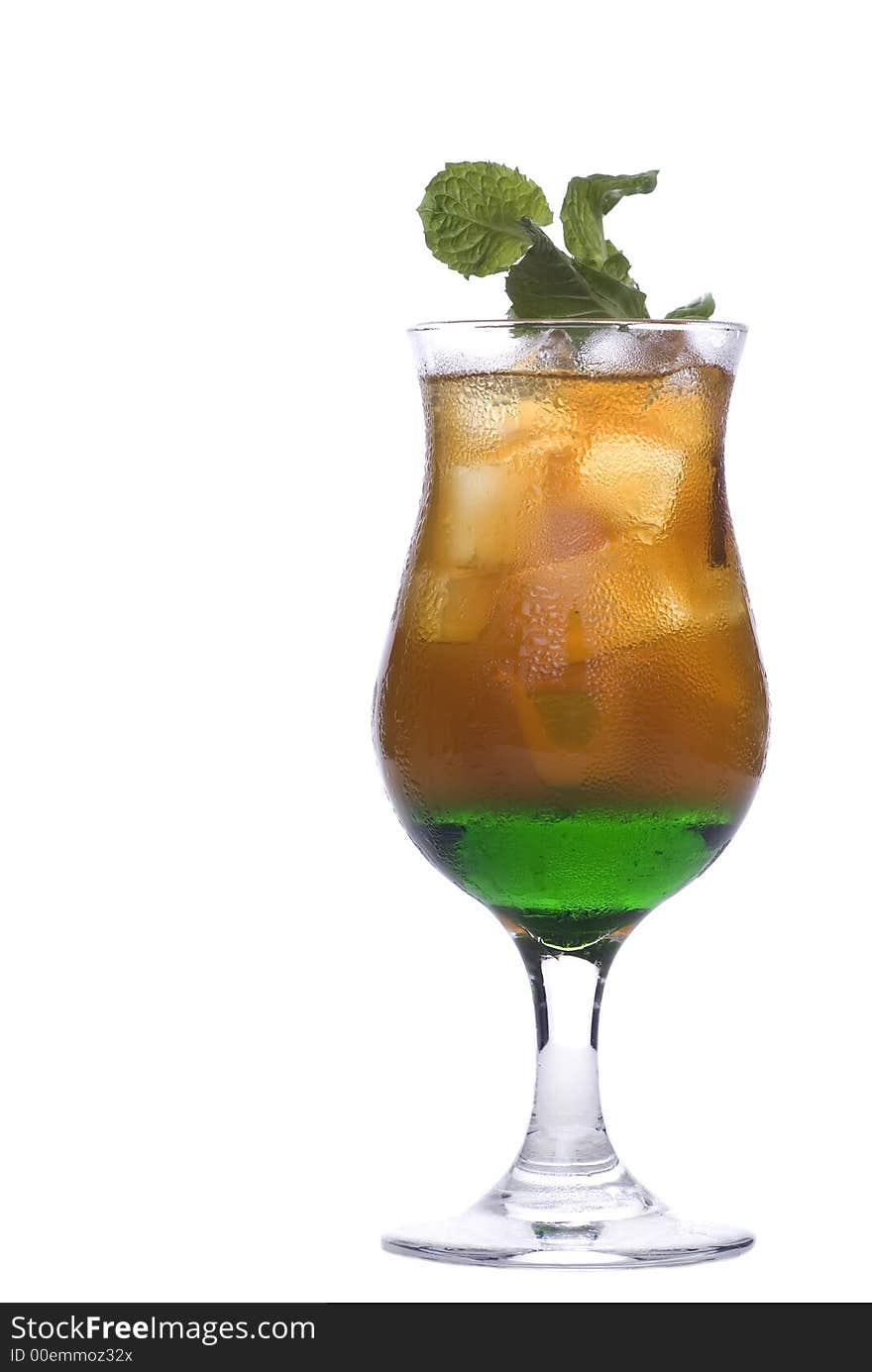 Colorful alcoholic cocktail in a glass against white background. Colorful alcoholic cocktail in a glass against white background