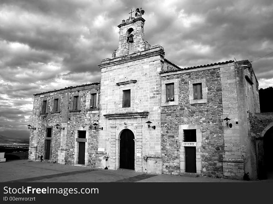 Old sicilian church in the hinterland. Black-white image.