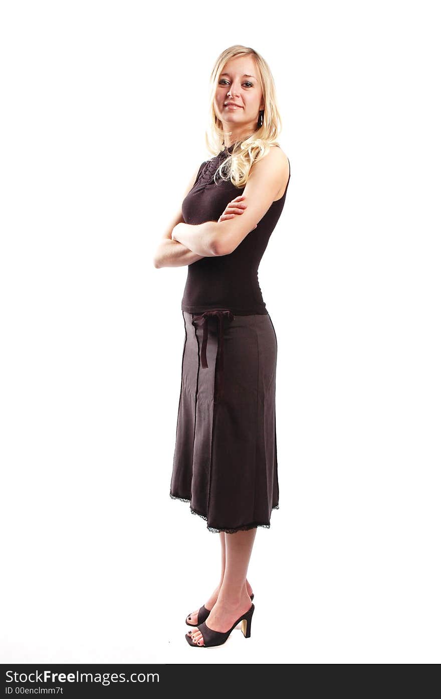 Business woman is posing against white background