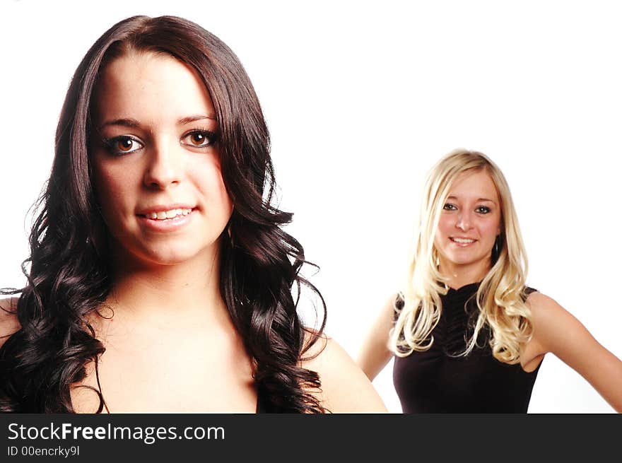 Two woman are team workers against white background. Two woman are team workers against white background