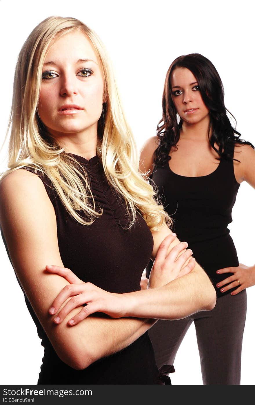 Two woman are team workers against white background. Two woman are team workers against white background