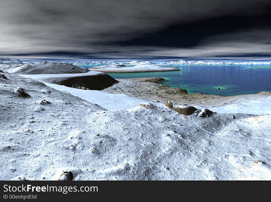 Fantasy illustration of snow, ice, water and stormy sky . Fantasy illustration of snow, ice, water and stormy sky .