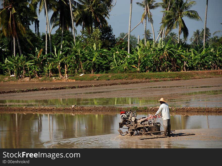 Ploughing machine and farmer