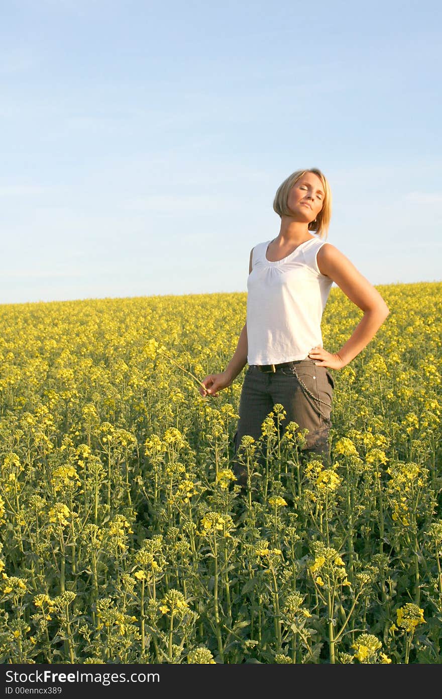 A beautiful young woman and yellow flowers. A beautiful young woman and yellow flowers