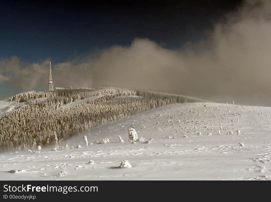 High mountain and forest in the white snow. High mountain and forest in the white snow