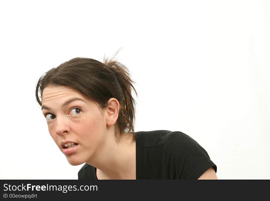 Cowering young woman isolated over white background