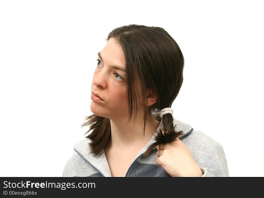 Thinking woman isolated over white background. Thinking woman isolated over white background