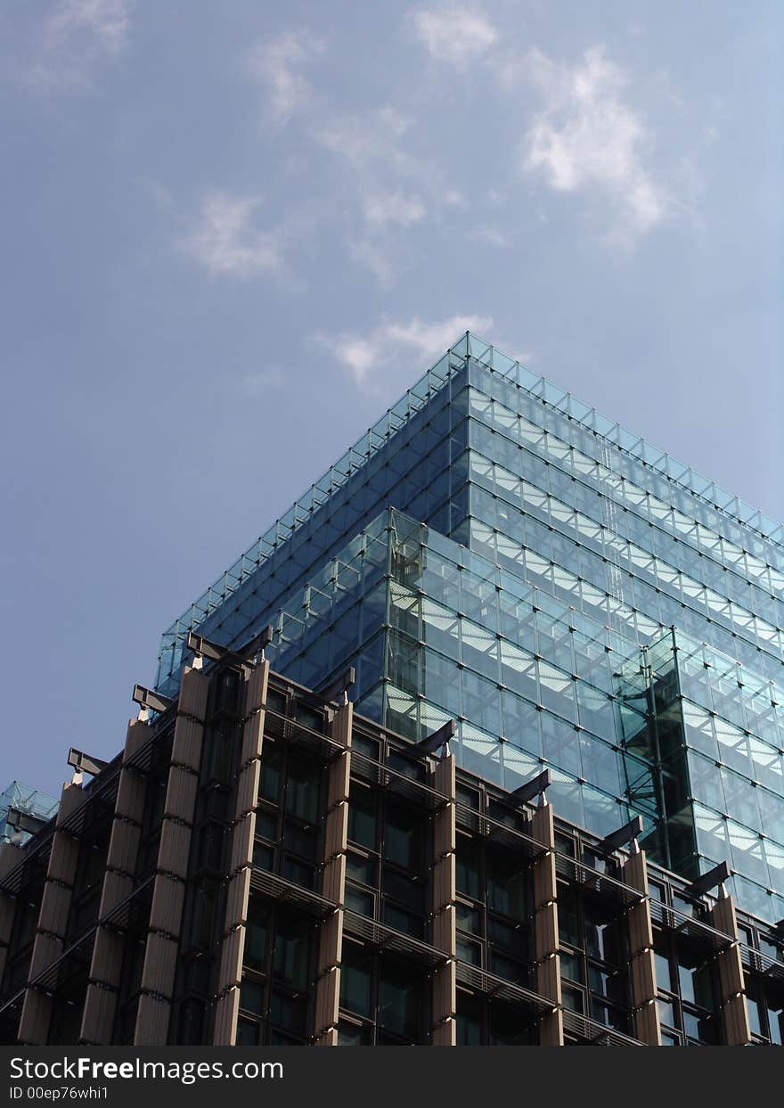 View new glass and steel office tower building in City of London. View new glass and steel office tower building in City of London