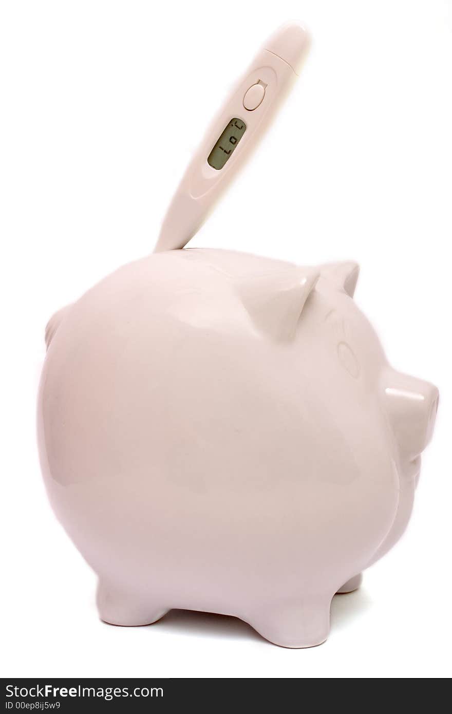 Piggybank with thermometer, indicating lo, reflecting low reserves and/or health care costs. See more conceptual pictures