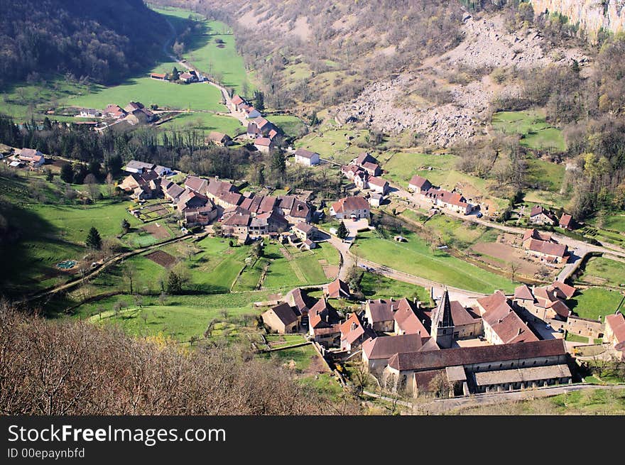 Panoramic bird-eye view on ancient french village in natural canyon. Panoramic bird-eye view on ancient french village in natural canyon