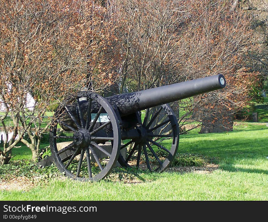 Civil war canon set in trees - side view