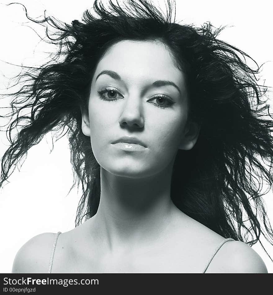 Monochrome picture of woman with long hair