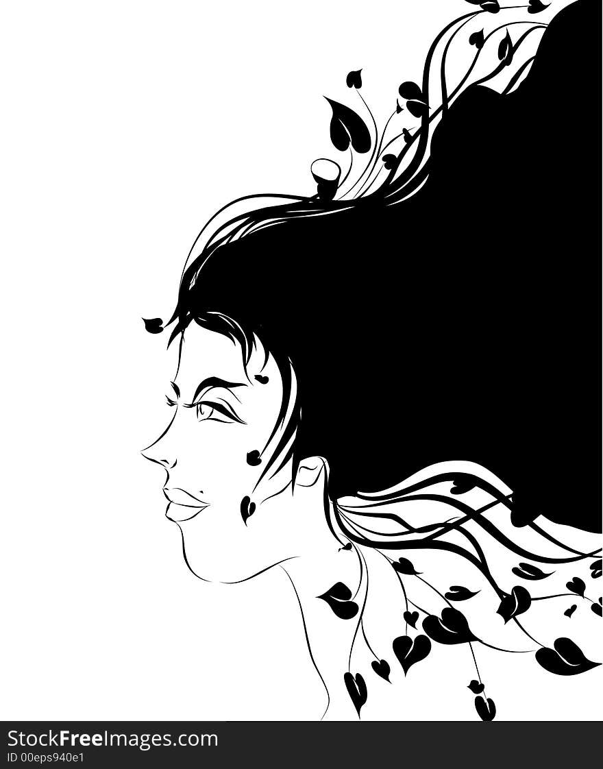 Graphic illustration showing woman's face with her hair blown in the wind. Graphic illustration showing woman's face with her hair blown in the wind