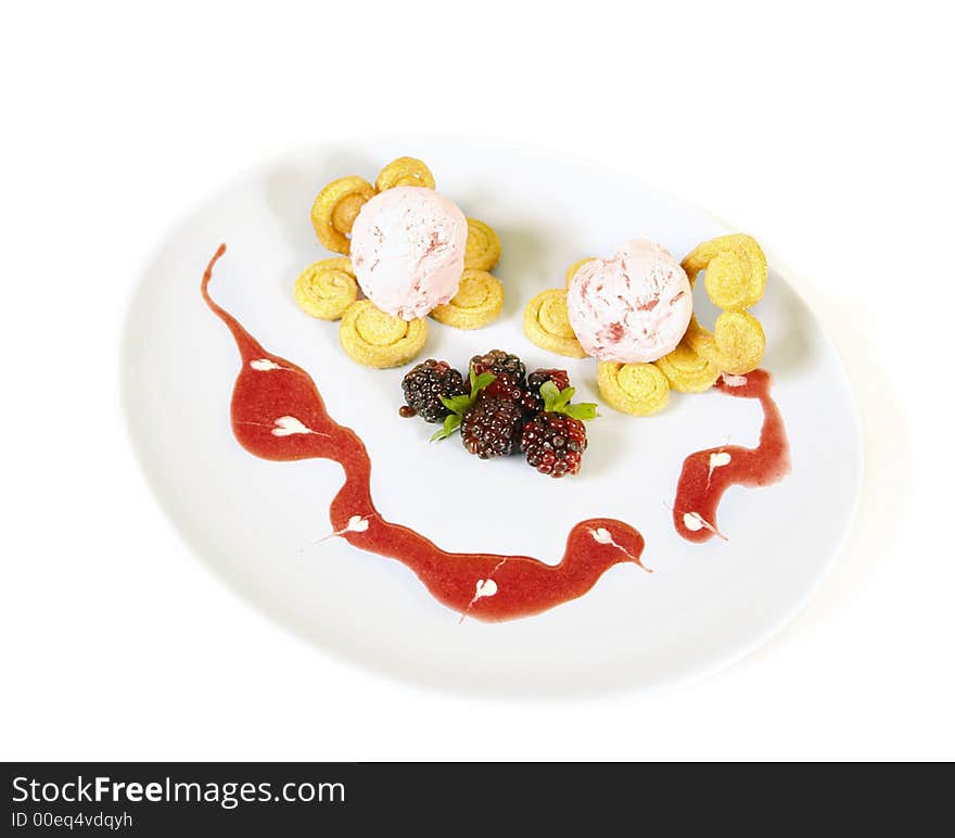 Blackberry desert with ice cream and pastries