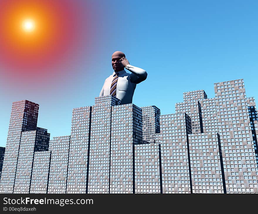 An conceptual image of a man standing over a city that he works in. An conceptual image of a man standing over a city that he works in.