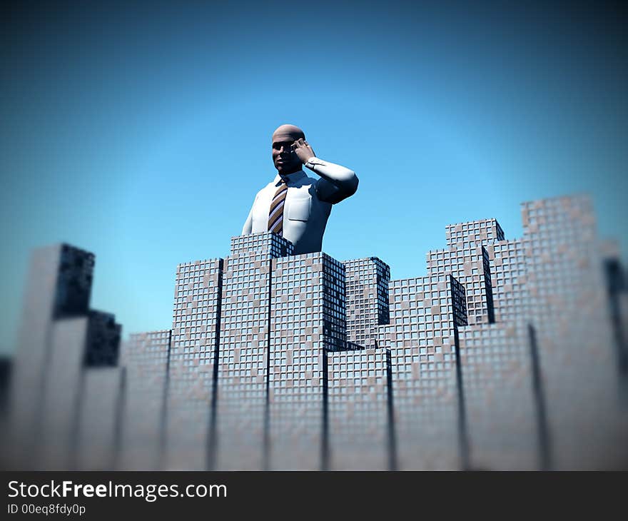 An conceptual image of a man standing over a city that he works in. An conceptual image of a man standing over a city that he works in.