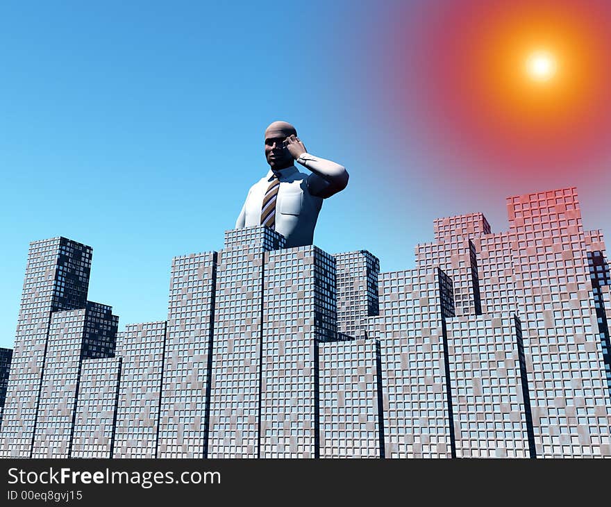 An conceptual image of a man standing over a city that he works in. An conceptual image of a man standing over a city that he works in.