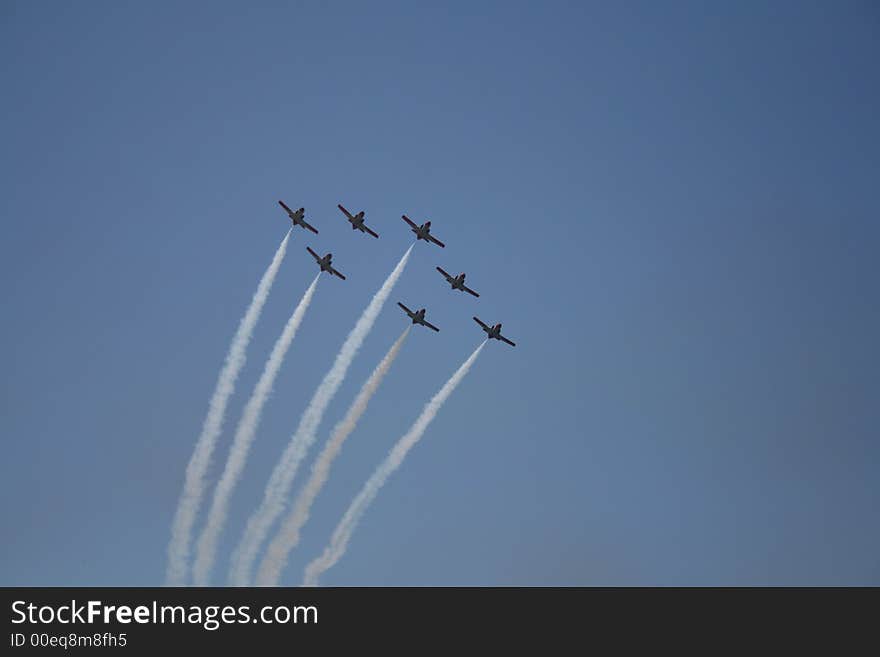 Exhibition militaries airplanes in sky. Exhibition militaries airplanes in sky