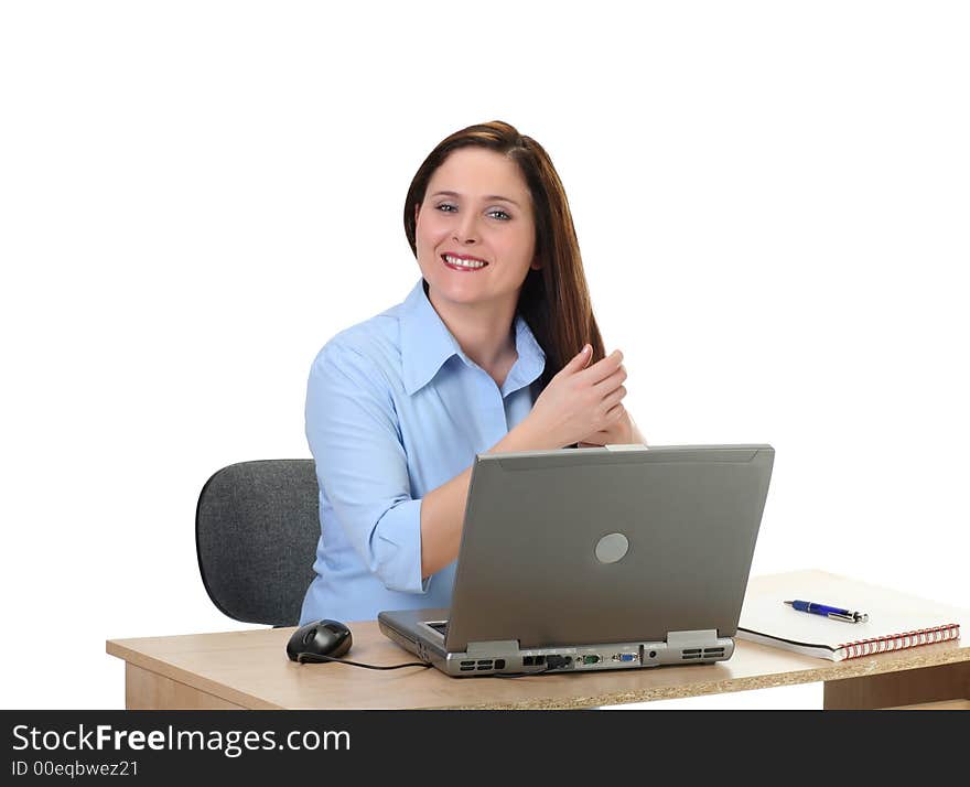 Female employee fixing her hair and looking pretty, isolated on white