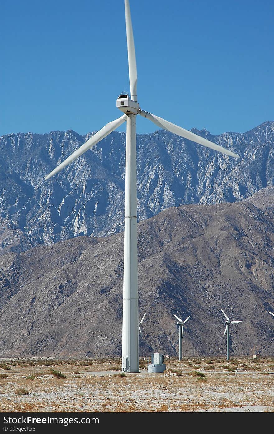 A wind turbine is shown here from a southern California wind farm.