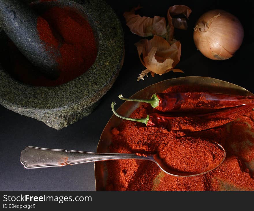 Mortar, paprika, chili