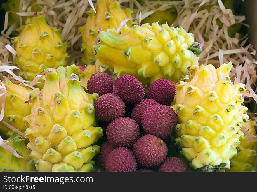 A mix of tropycal fresh fruit in a market. A mix of tropycal fresh fruit in a market