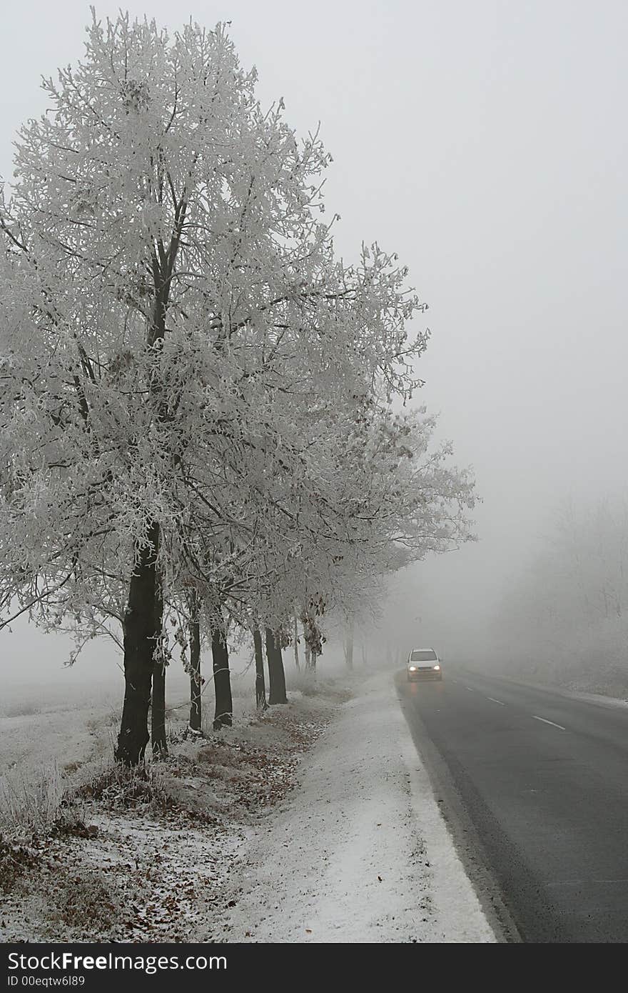 Road 2. Watch out the road is foggy and slippery.