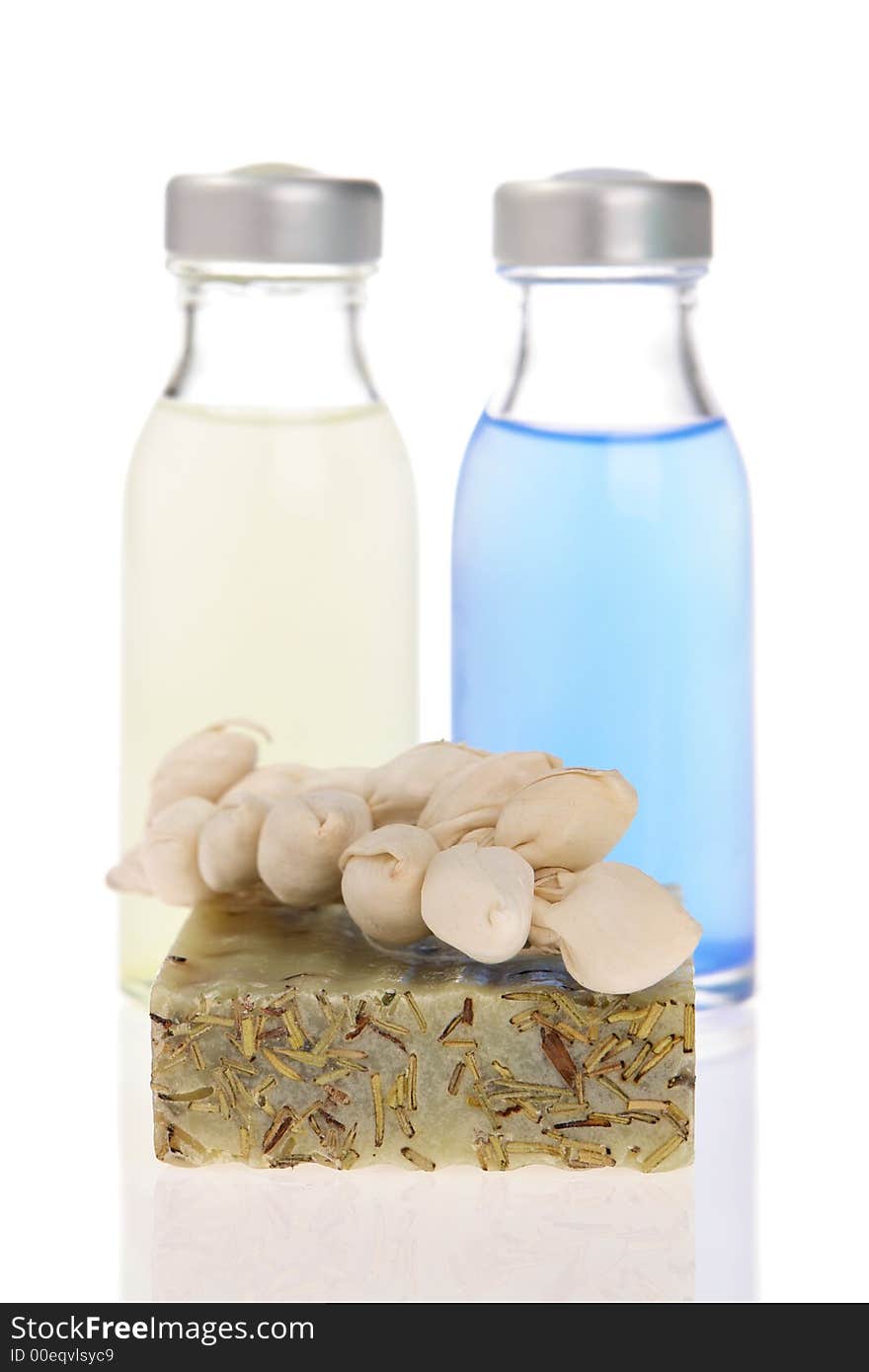 Soap bar and spa bottles. Soap bar and spa bottles