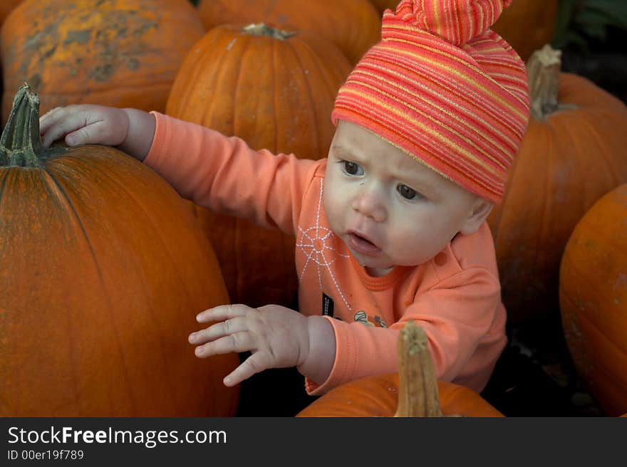 Image of a cute baby surrounded by pumpkins. Image of a cute baby surrounded by pumpkins