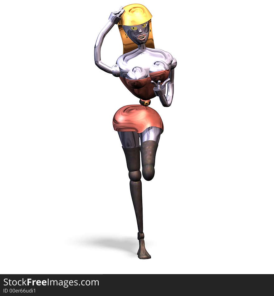 Female robot, that stands on a leg and scratches itself in the hair,. Female robot, that stands on a leg and scratches itself in the hair,