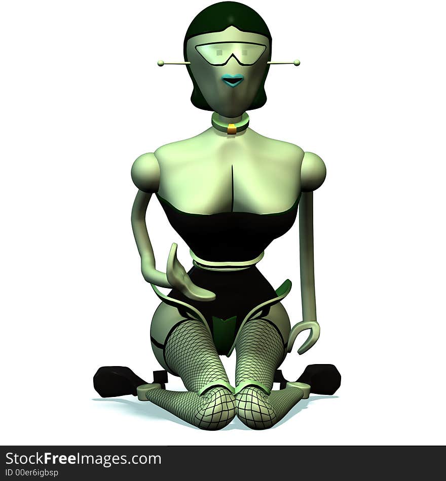 Female robot, that kneels on the ground,. Female robot, that kneels on the ground,