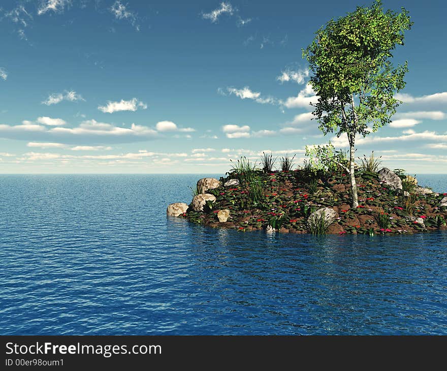 Small green island with birch tree - 3d illustration. Small green island with birch tree - 3d illustration.