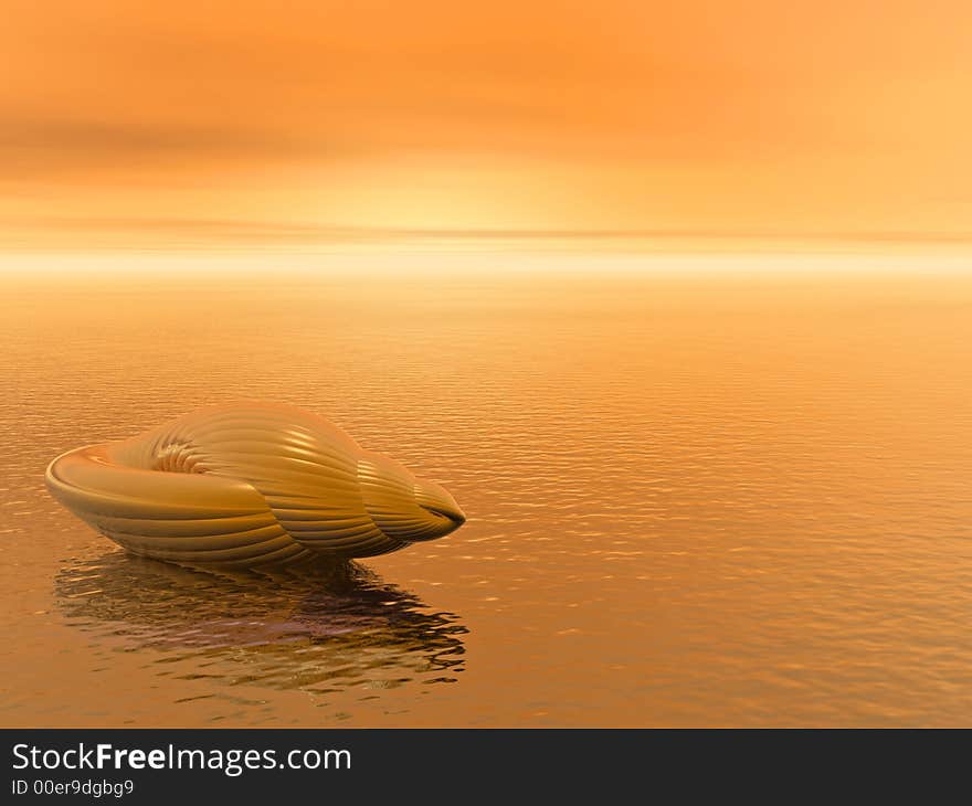 Gold shell on the sunset sea beach - 3d illustration. Gold shell on the sunset sea beach - 3d illustration.