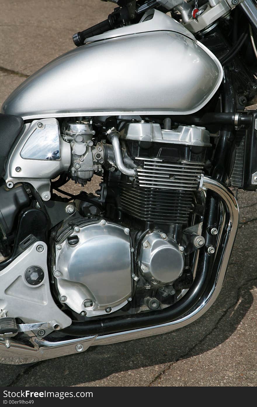 The engine and petrol tank of a modern sports motorcycle