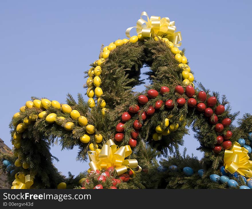 German easter fountain crown decorated with easter eggs. German easter fountain crown decorated with easter eggs