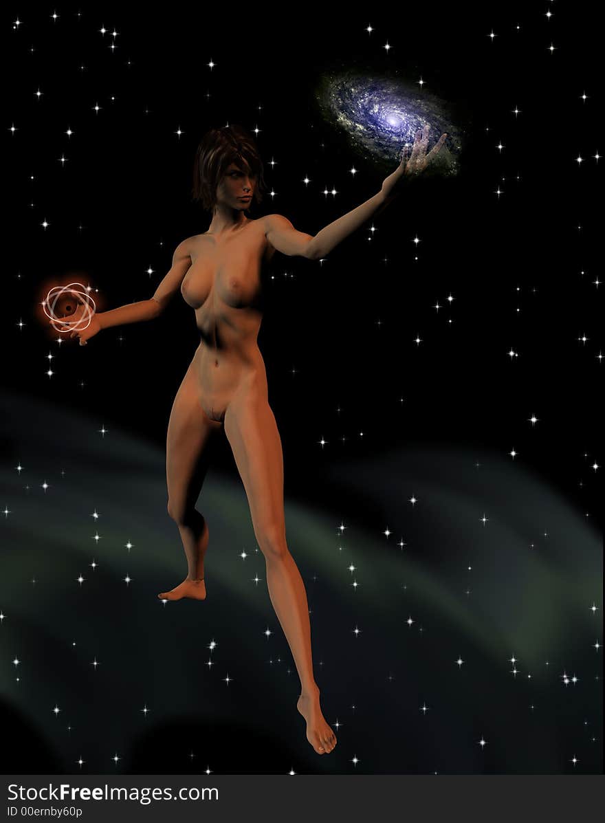 Goddess figure manipulates galaxies and atoms