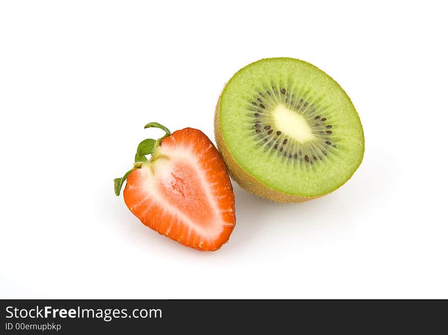 Sliced kiwi and strawberry isolated on white background