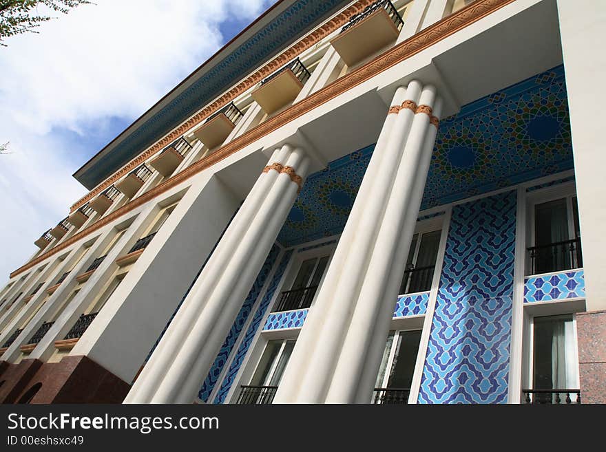 Front of hotel with columns, Tashkent, Uzbekistan