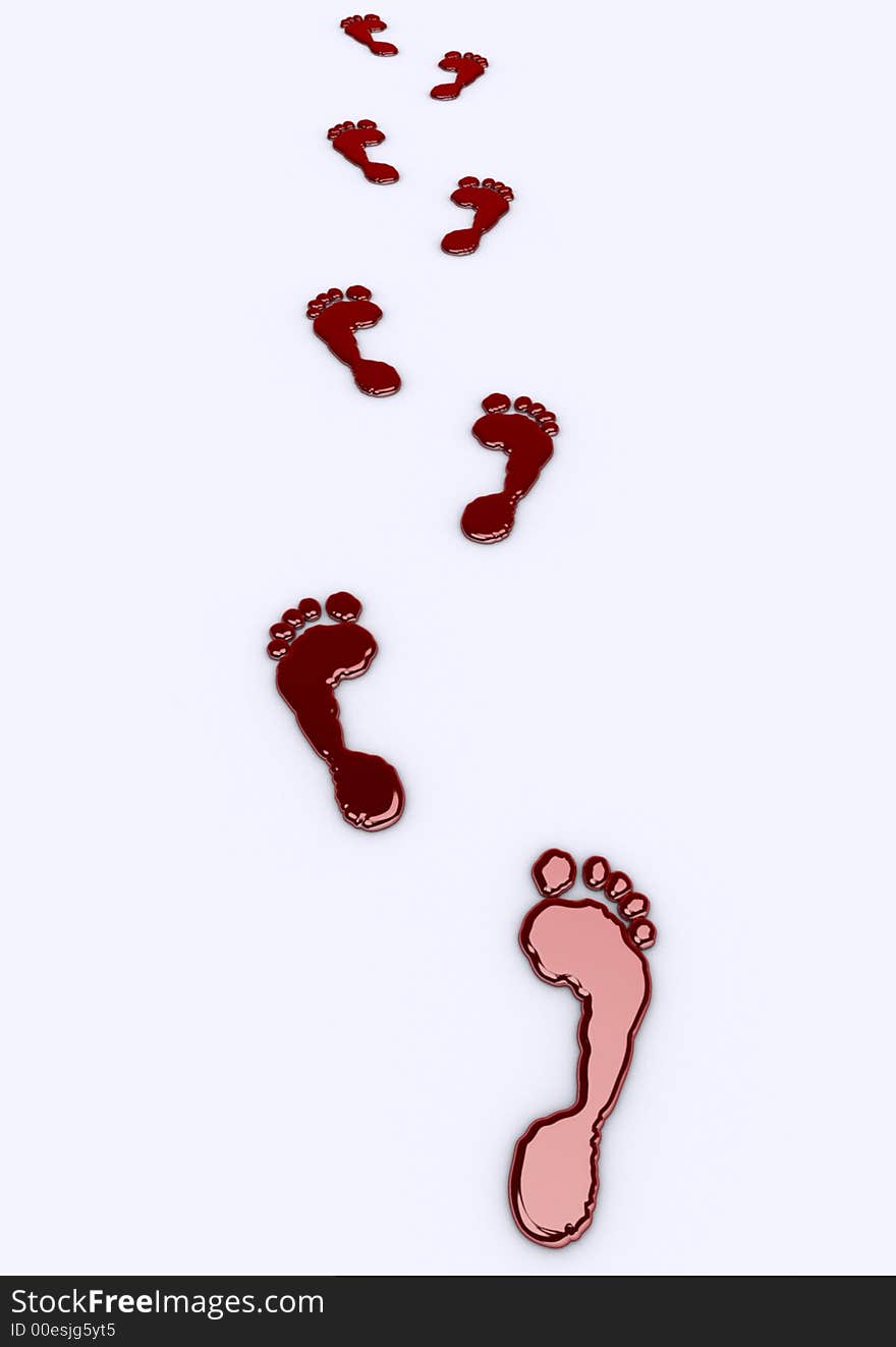 Conceptual red footprints on white background - dye look  - rd render